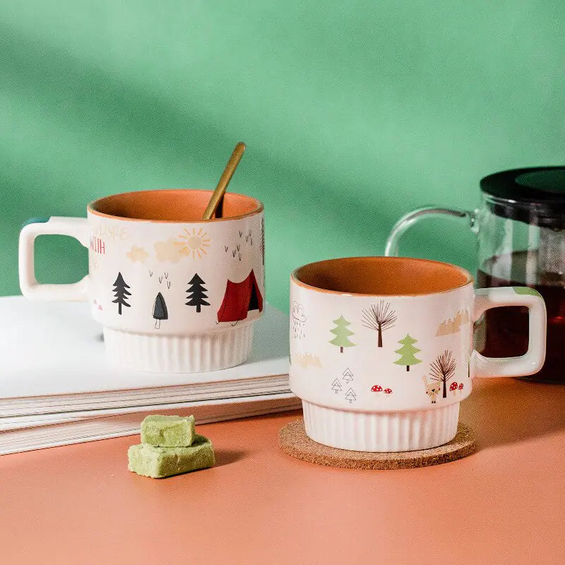 Boho Ceramic Mug Set – Vintage Aesthetic Coffee & Tea Cups (Stackable, Hand-Painted, 330ml