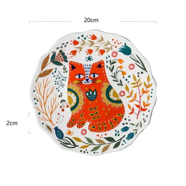 Colorful Flower Kitten Under Glazed Ceramic Dinner Plate